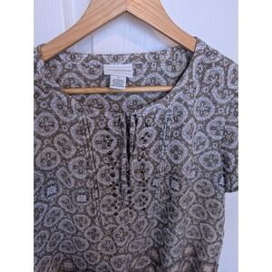 Liz Claiborne Medallion Print Studded Split Tie Neck Blouse Tan Gray Large